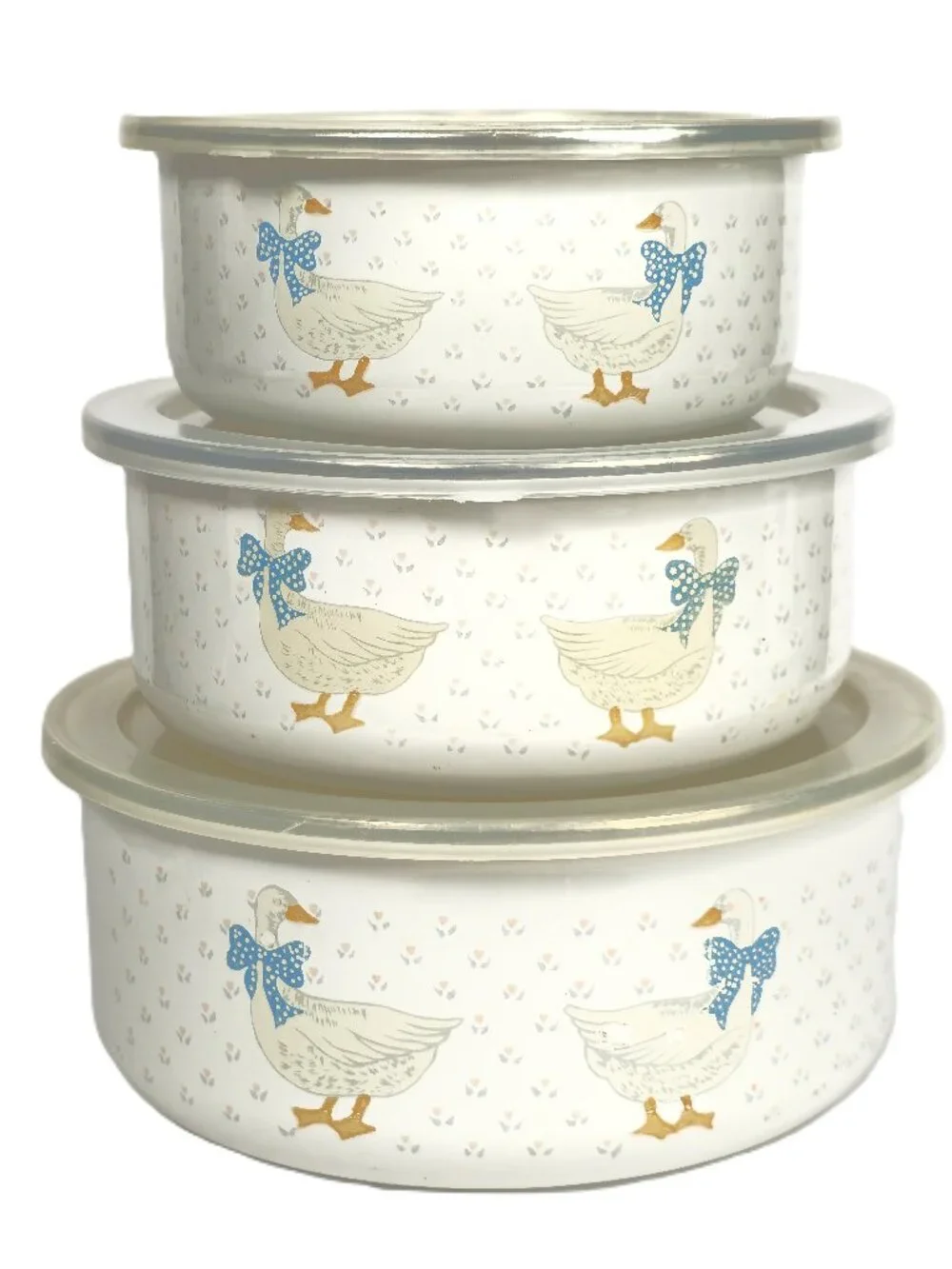 Vintage Goose Enamelware Nesting Bowls Set of 3 with Lids Country Farm Kitchen